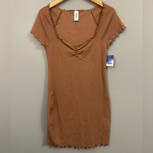 Abound Ribbed Midi Dress with Lettuce Edge Light Brown NWT Medium